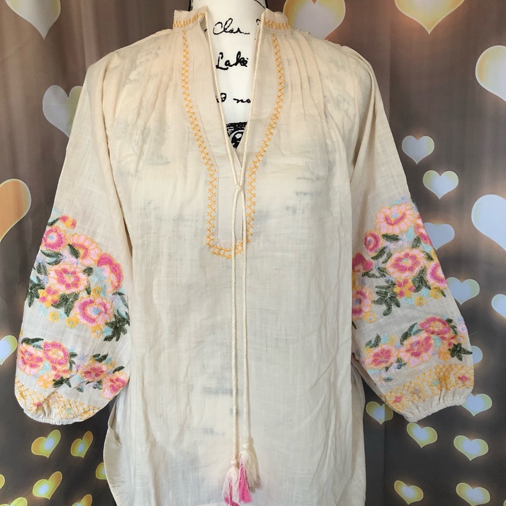 Bohemian blouse floral embroidery top linen cotton tassel cream lantern sleeve - Picture 7 of 7